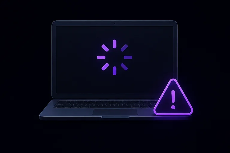 Laptop mit Warnsymbol auf dem Bildschirm — Sinnbild für instabile IT, die den Betrieb bremst.